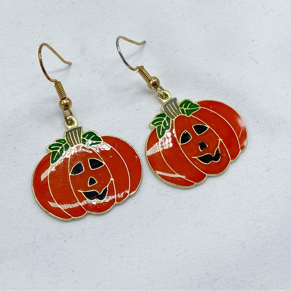 Vintage Halloween Pumpkin Jack O Lantern Dangle Earrings - Picture 3 of 4